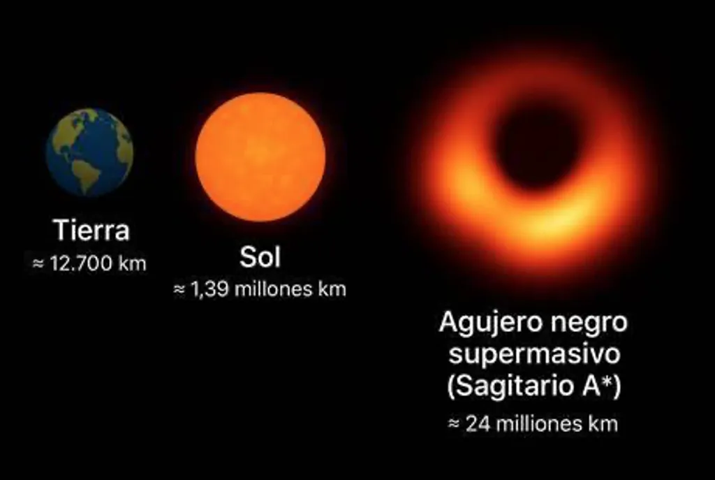 **Figura 1.** Diámetro de la Tierra, el Sol y el agujero negro supermasivo Sagitario A. [Imagen generada por IA.] (OpenAI, 2025).