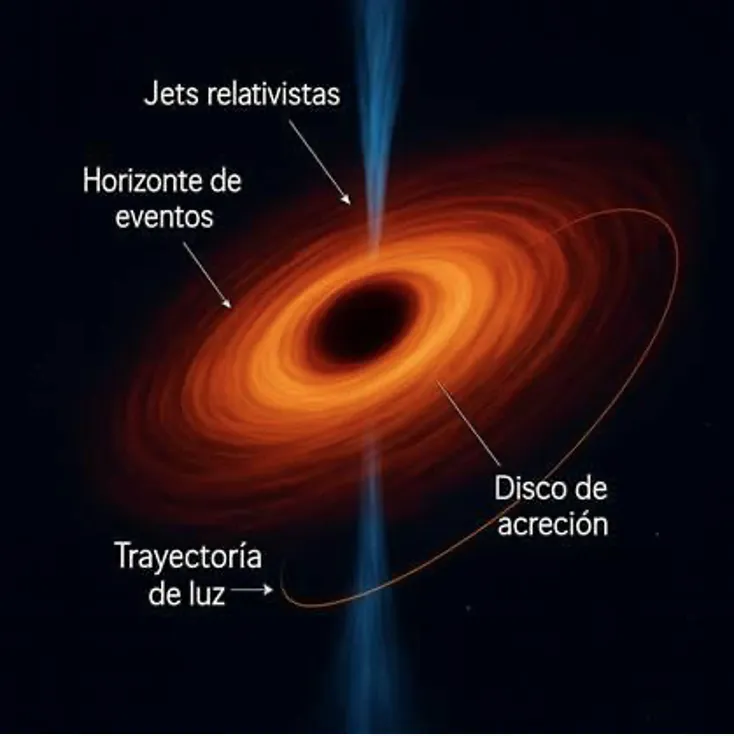 **Figura 2.** Agujero negro con horizonte de eventos, disco de acreción, jets relativistas y la forma en que la luz se curva al pasar cerca del agujero negro. [Imagen generada por IA.] (OpenAI, 2025).